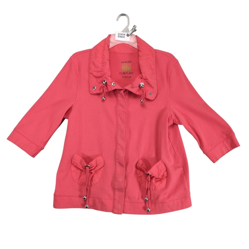 Good Fortune Women's XL Coral Drawstring Jacket Snap Front 3/4 Slv Casual Sporty